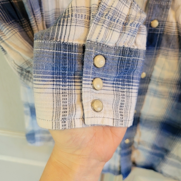 Lucky Brand Blue White Plaid Western Style Long Sleeve Pearl Snap Shirt - Picture 5 of 9